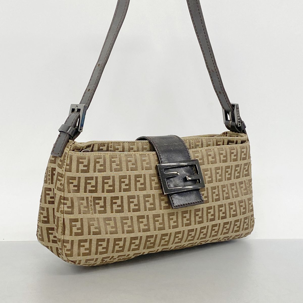 Fendi Shoulder Bag Zucchino Nylon Canvas Brown Silver — view 2