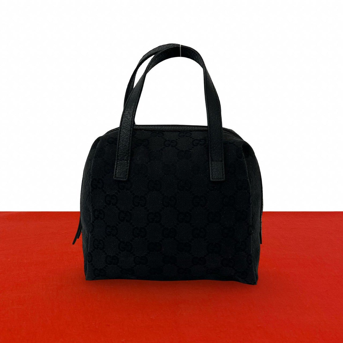 Gucci GG Logo Pattern Canvas Leather Mini Tote Boston Bag Black