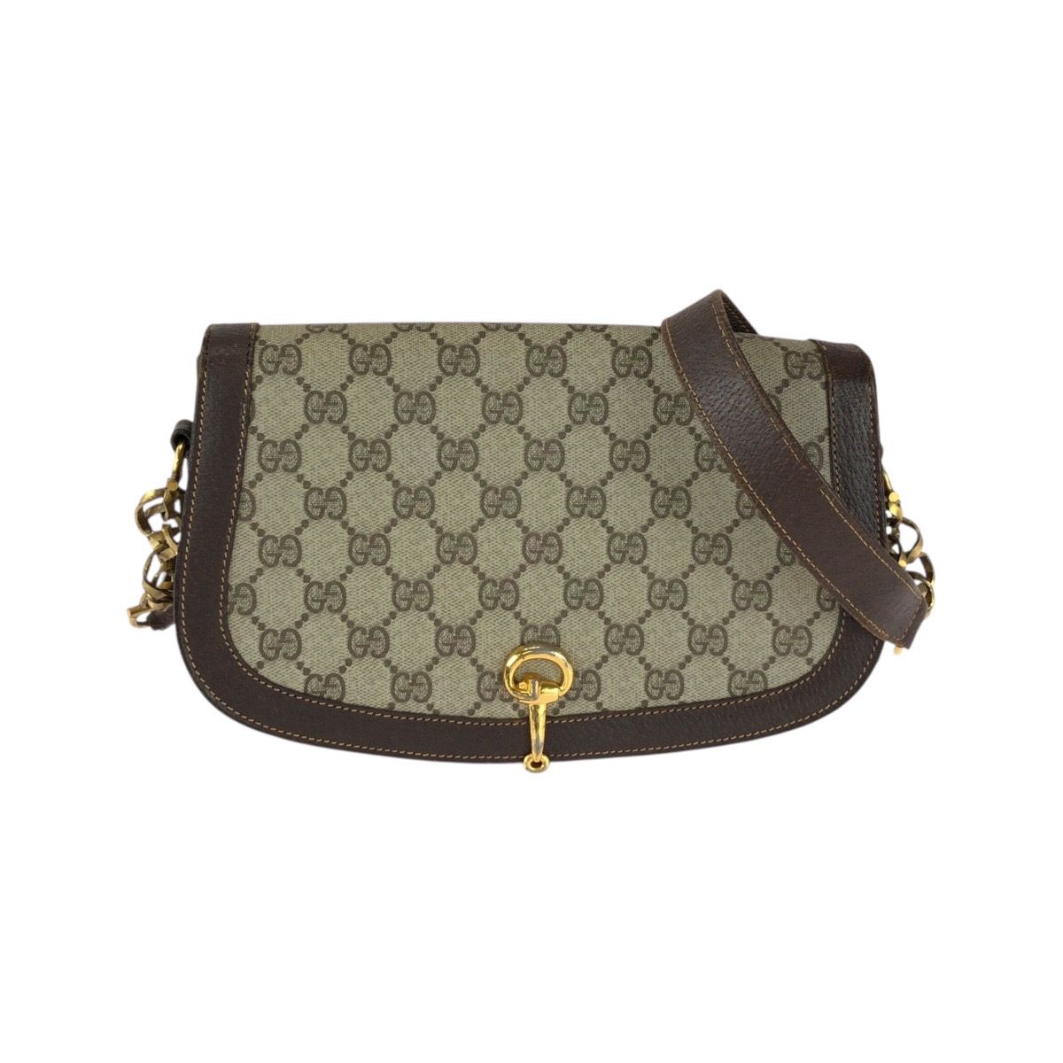 Gucci Vintage Horsebit Beige Brown GG Supreme Canvas Shoulder Bag Pochette