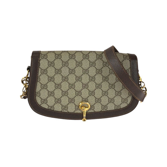 Gucci Vintage Horsebit Beige Brown GG Supreme Canvas Shoulder Bag Pochette
