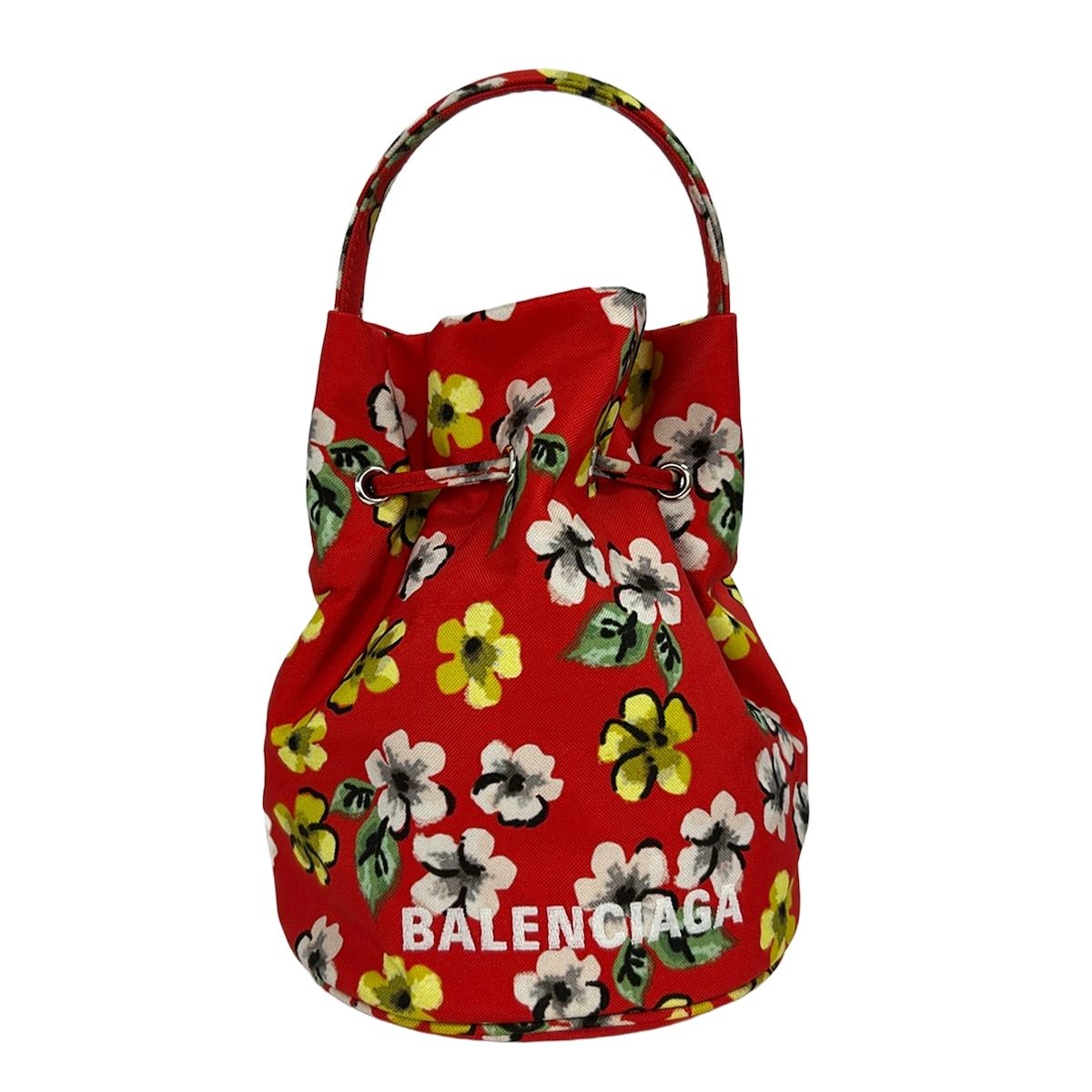 Balenciaga Drawstring Bucket Bag Red Yellow Multi Floral Pattern