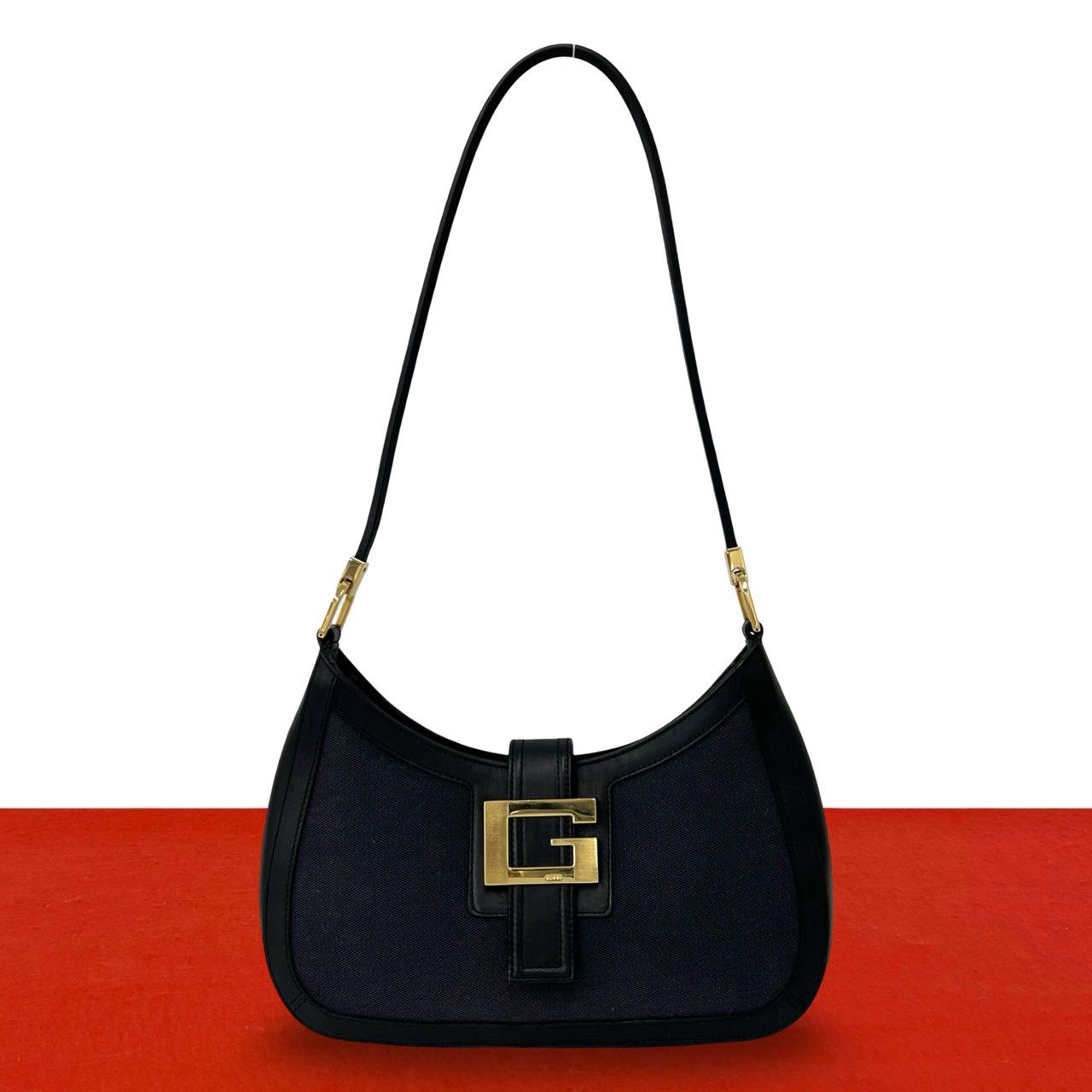Gucci Logo Leather One Shoulder Bag Tote Black Navy