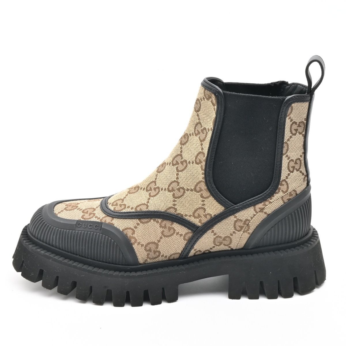 Gucci Short Boots Beige Black Side Gore GG Pattern Leather