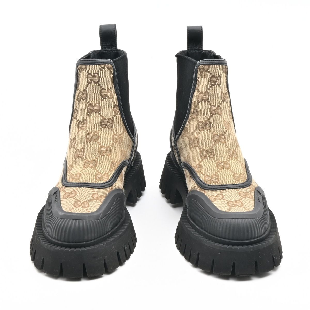 Gucci Short Boots Beige Black Side Gore GG Pattern Leather — view 2