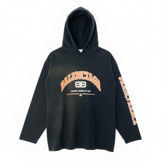 Balenciaga Pullover Hoodie BB Logo Sweatshirt Distressed Black Cotton S