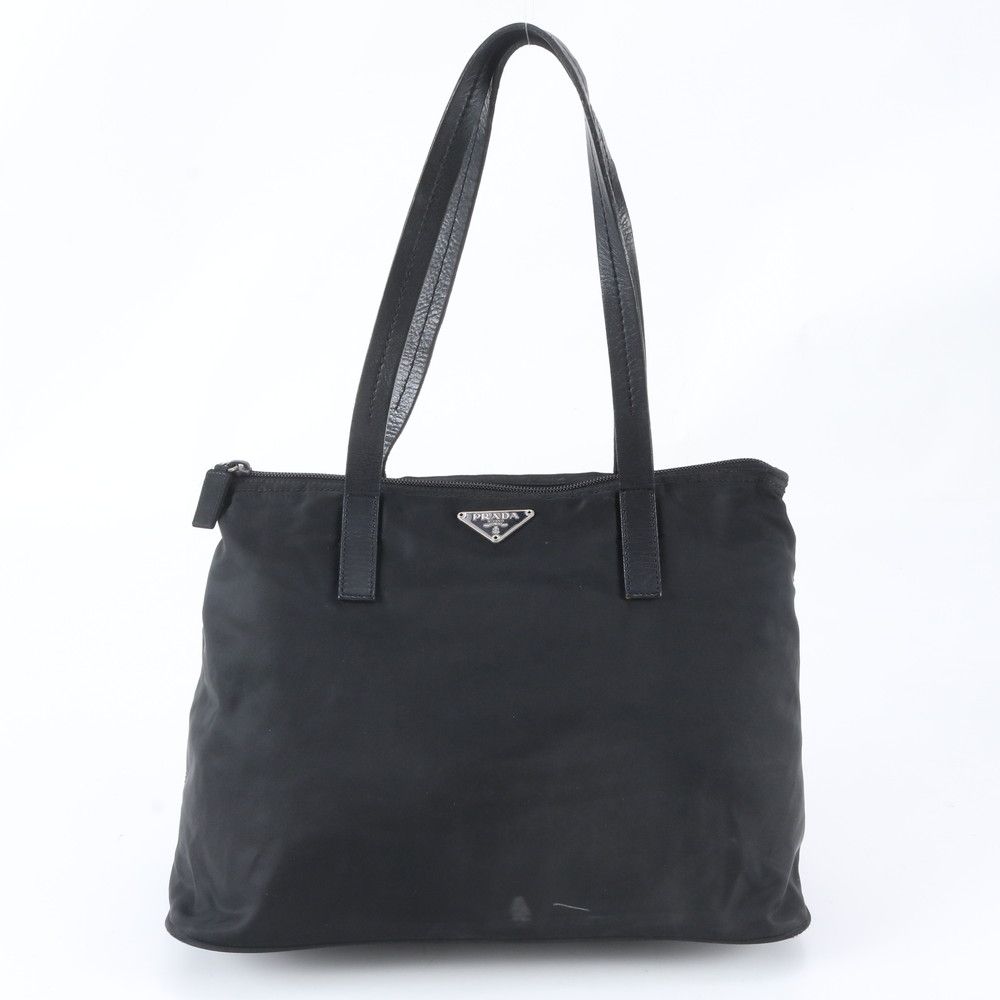 Prada Tessuto Nylon Triangle Logo Leather Tote Bag Shoulder Black