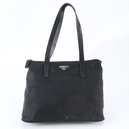 Prada Tessuto Nylon Triangle Logo Leather Tote Bag Shoulder Black