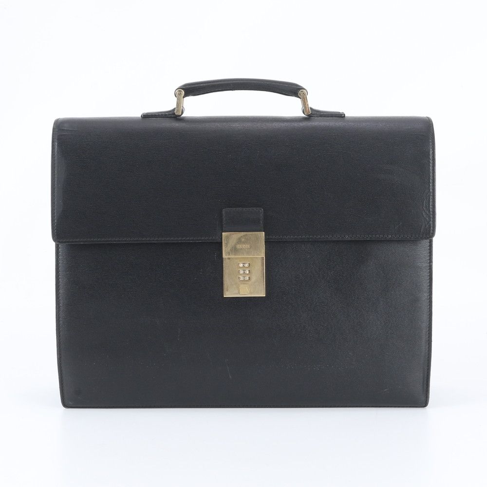 Gucci 015 Leather Business Document Briefcase Tote Bag Black