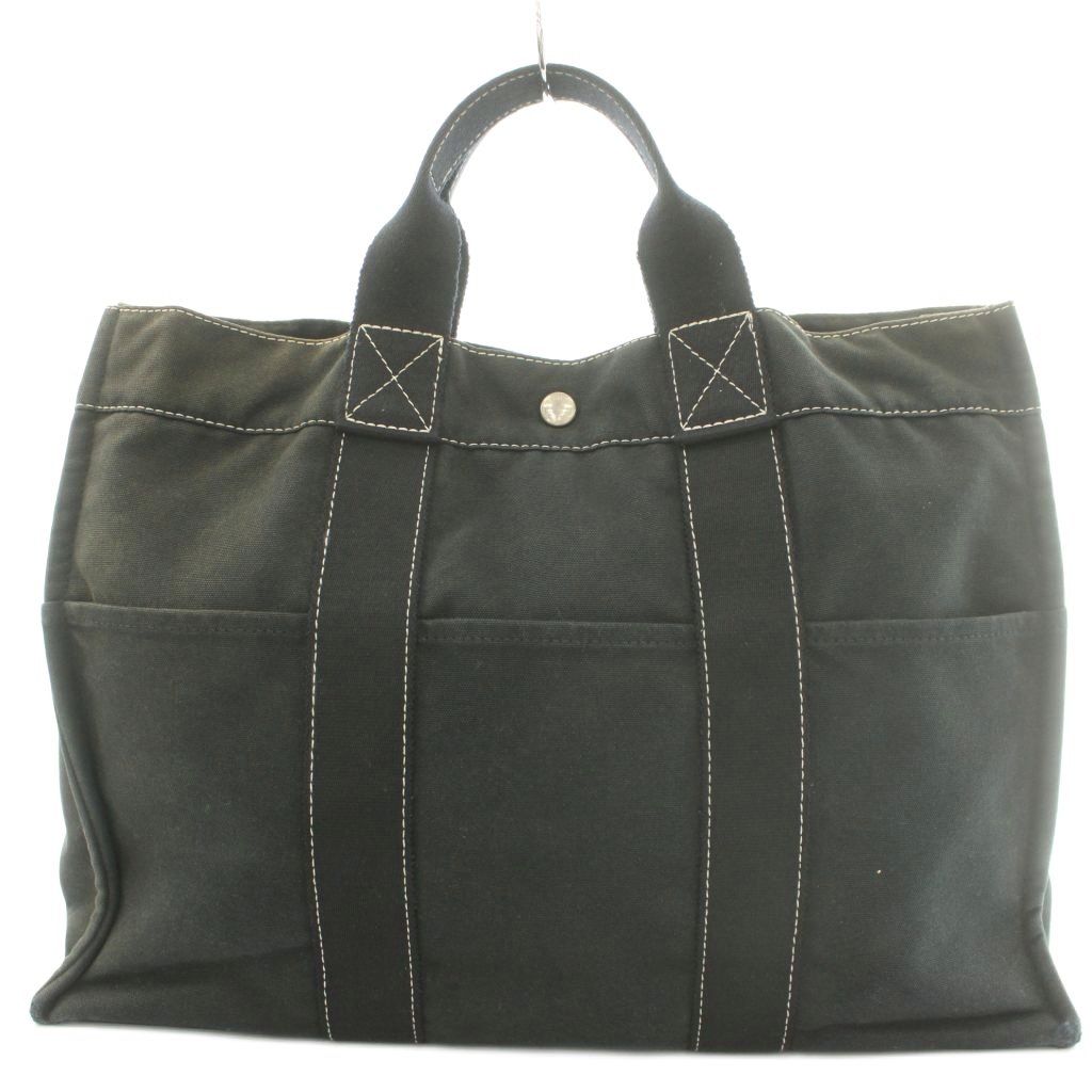 Hermes Deauville MM Canvas Tote Bag Hand Cotton Stitching Black SS