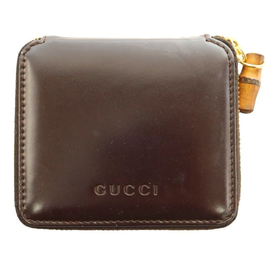 Gucci Bifold Wallet Compact Coin Purse Zip Around Bumpy Handle Leather Brown SS