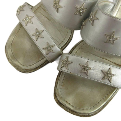 Chanel Sandals Leather Low Heels Star Studs Rhinestone CC Logo Silver — view 3