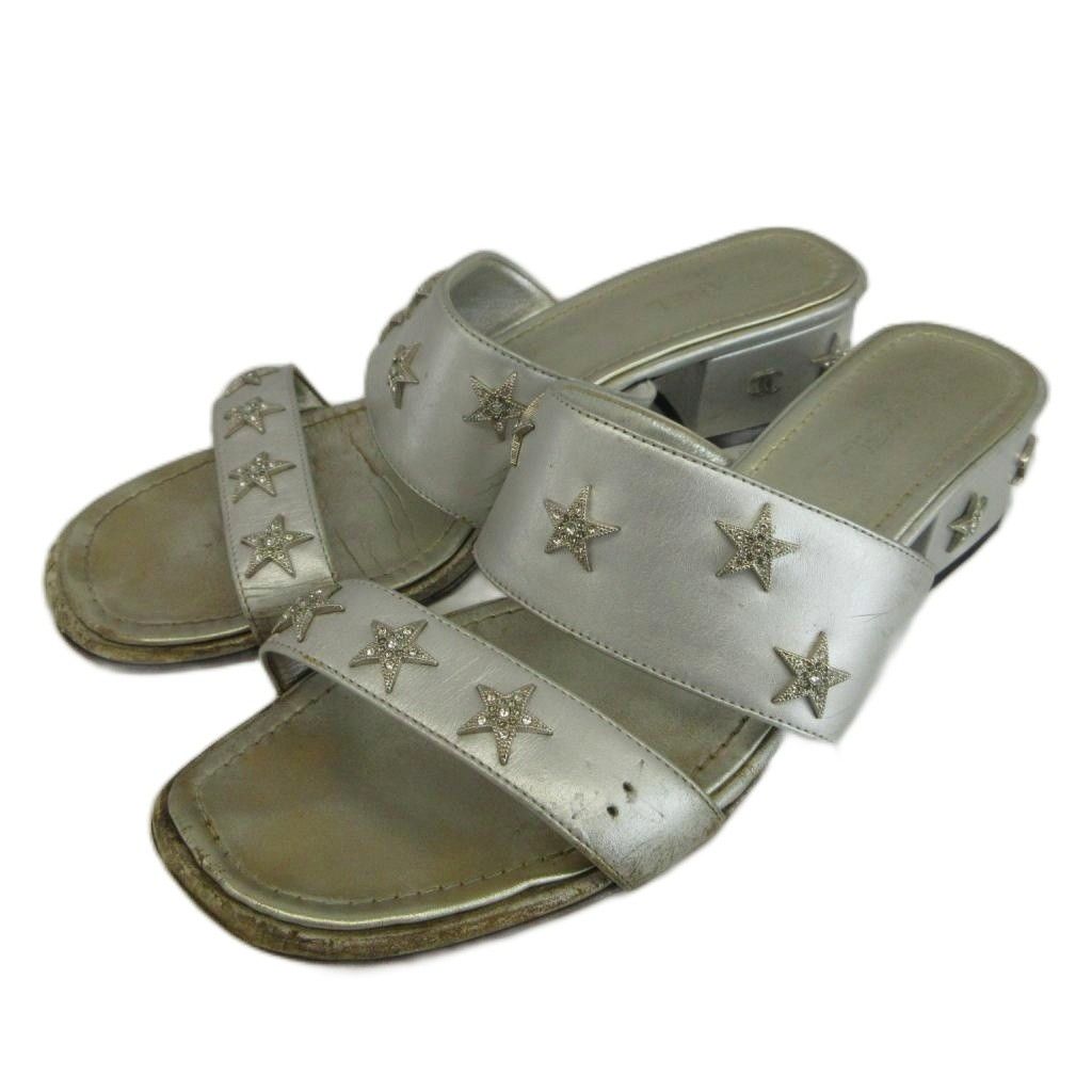 Chanel Sandals Leather Low Heels Star Studs Rhinestone CC Logo Silver