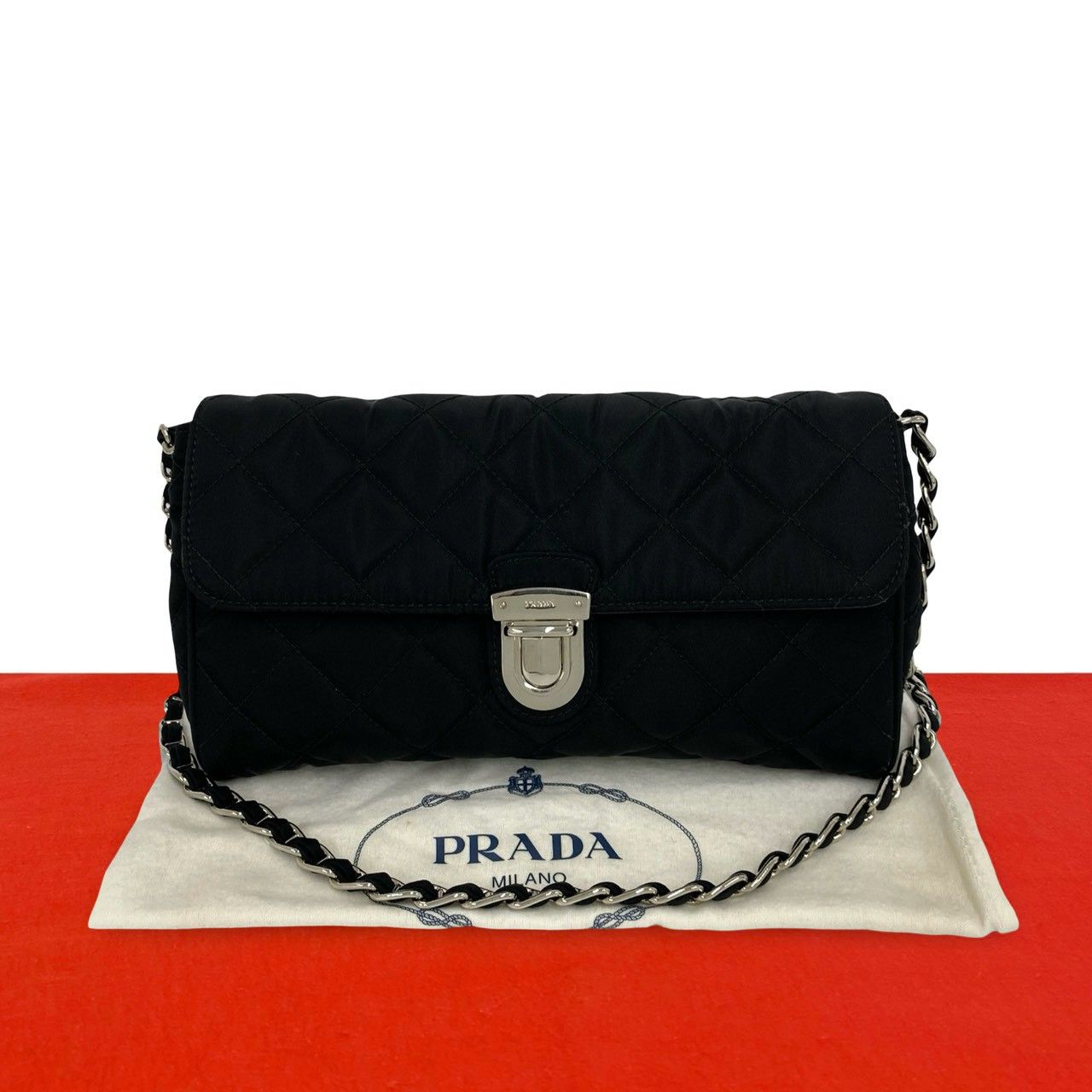 Prada Logo Quilted Nylon Chain Mini Shoulder Bag Pochette Crossbody Black