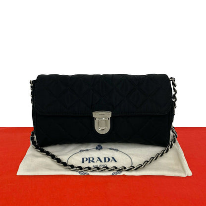 Prada Logo Quilted Nylon Chain Mini Shoulder Bag Pochette Crossbody Black