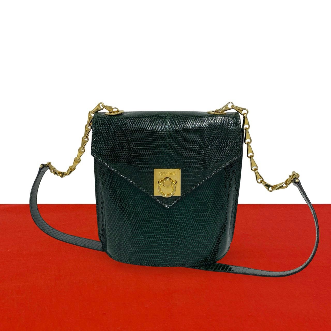 Celine Vintage Logo Ring Leather Chain Mini Shoulder Bag Pochette Green