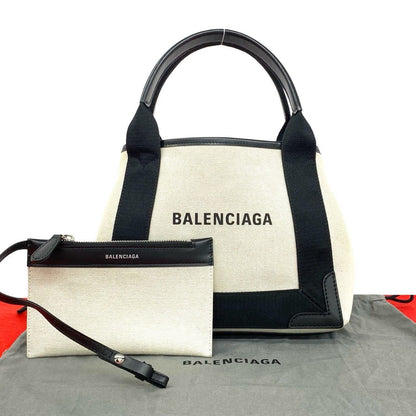 Balenciaga Navy Cabas Canvas Leather Handbag Mini Tote Black Ivory