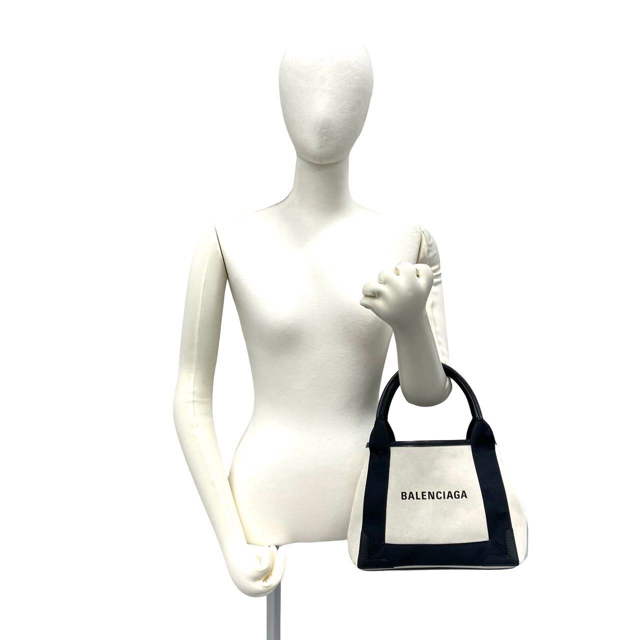 Balenciaga Navy Cabas Canvas Leather Handbag Mini Tote Black Ivory — view 2