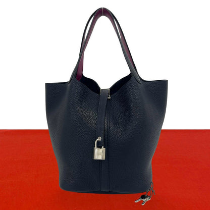 Hermes Picotin Lock MM Taurillon Clemence Leather Handbag Mini Tote Blue