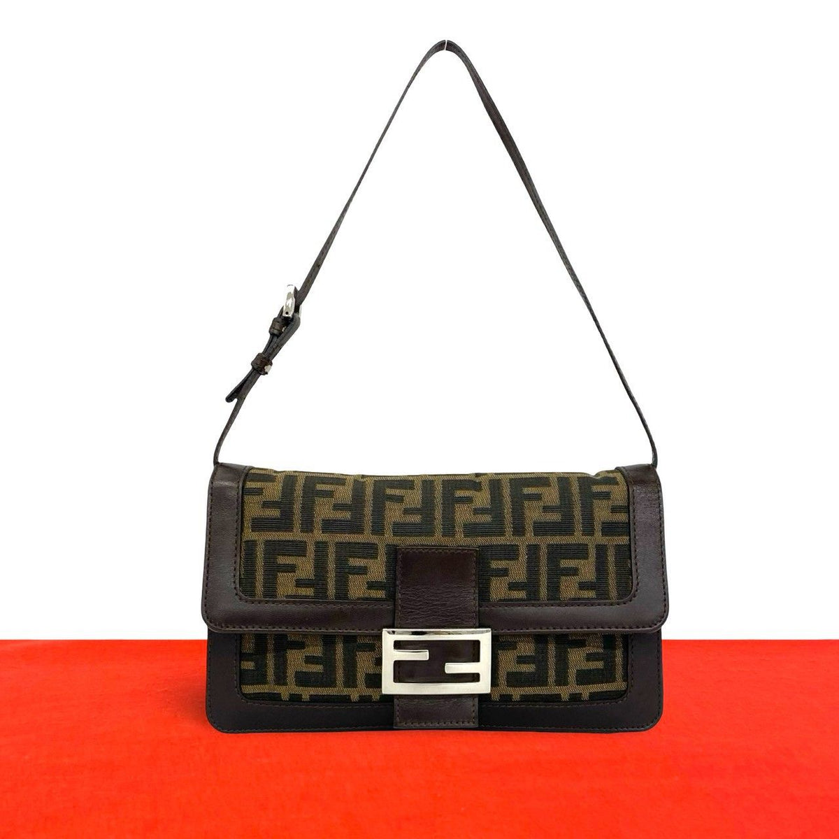 Fendi Vintage Zucca Pattern FF Logo Leather Shoulder Bag Brown