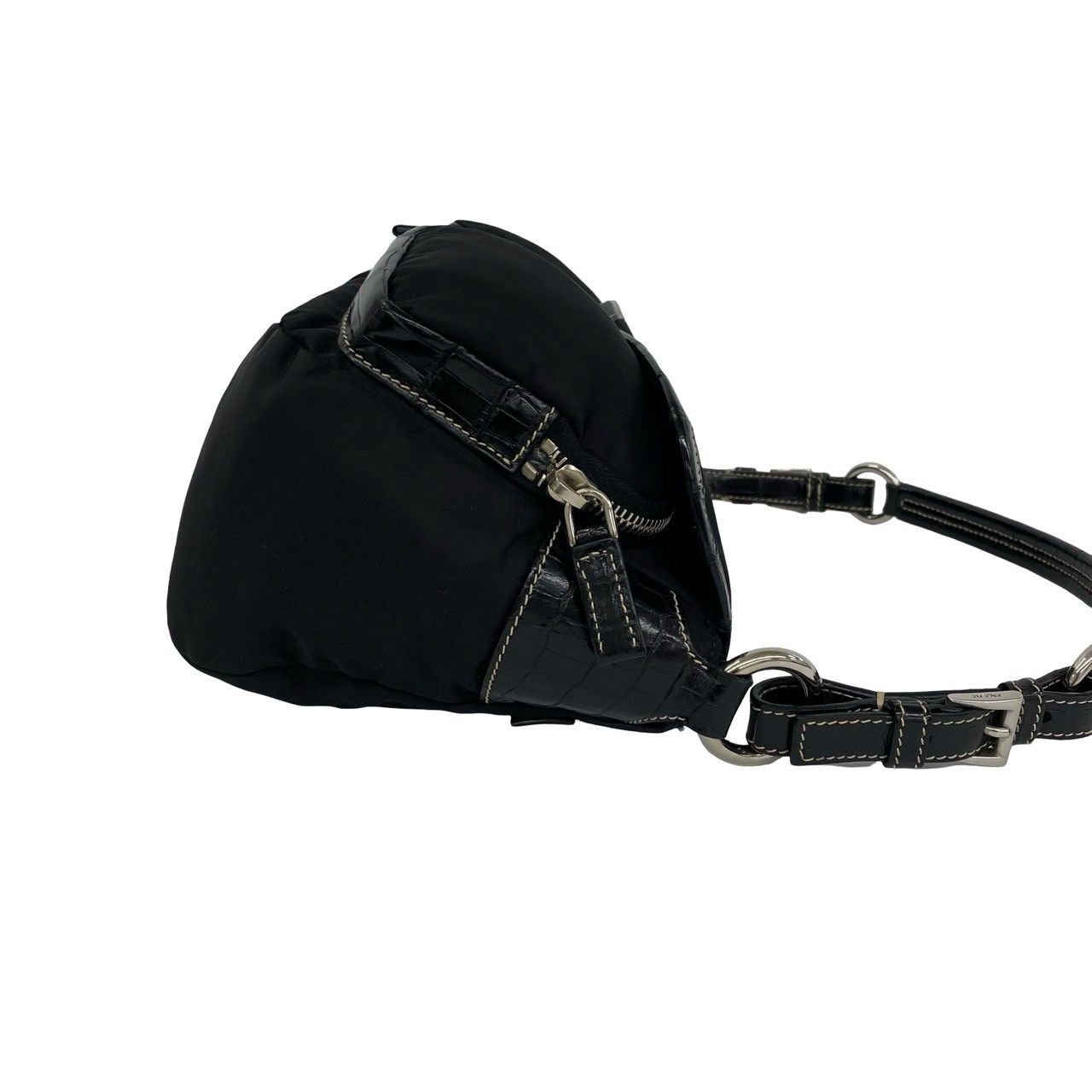 Prada Triangle Logo Embossed Leather Tessuto Nylon Shoulder Bag Black — view 6