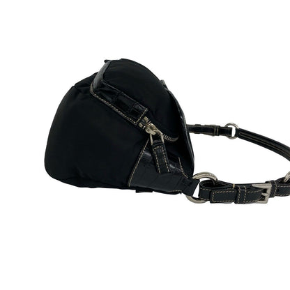 Prada Triangle Logo Embossed Leather Tessuto Nylon Shoulder Bag Black — view 6