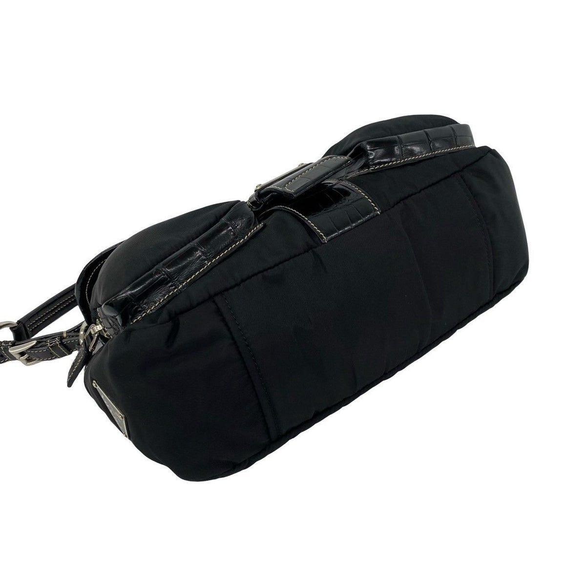 Prada Triangle Logo Embossed Leather Tessuto Nylon Shoulder Bag Black — view 7