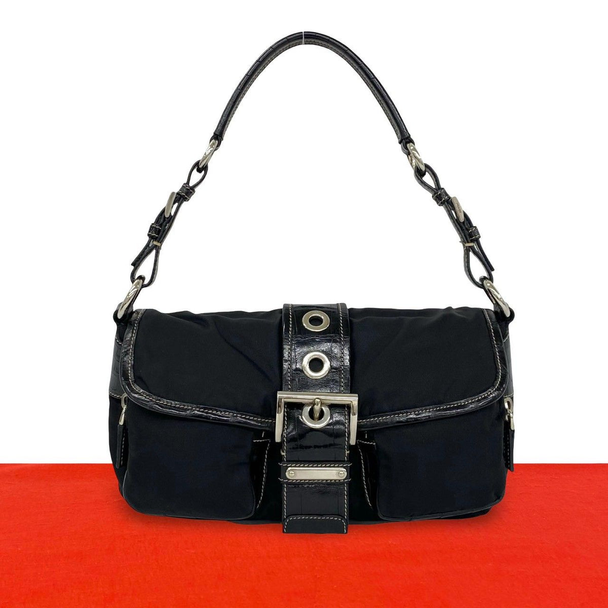 Prada Triangle Logo Embossed Leather Tessuto Nylon Shoulder Bag Black