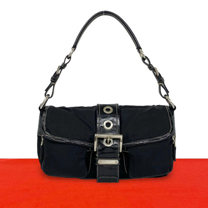 Prada Triangle Logo Embossed Leather Tessuto Nylon Shoulder Bag Black