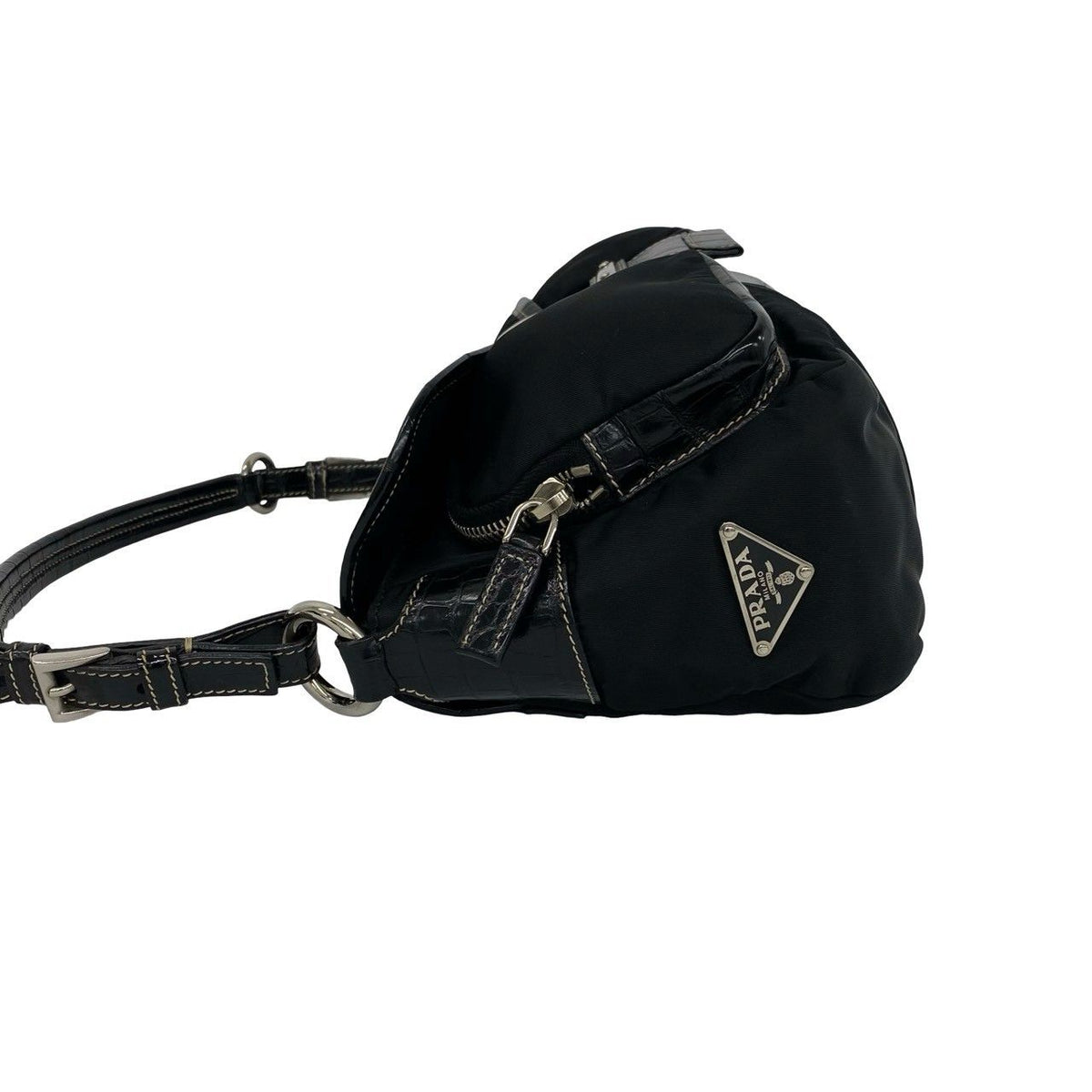 Prada Triangle Logo Embossed Leather Tessuto Nylon Shoulder Bag Black — view 5