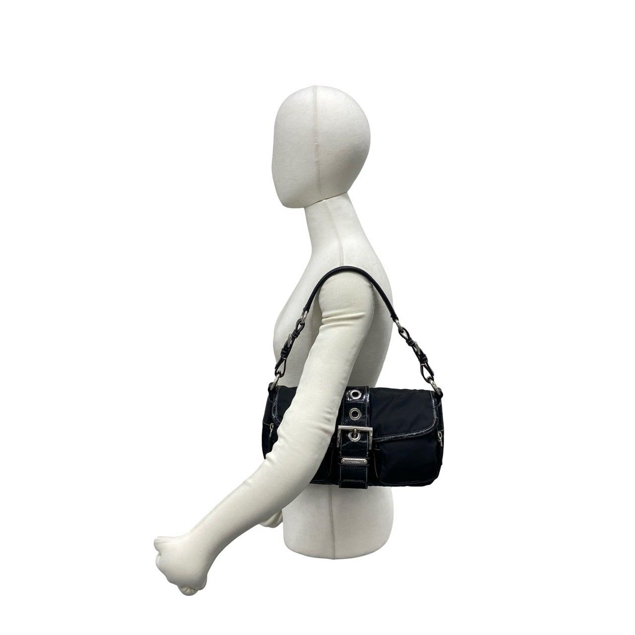 Prada Triangle Logo Embossed Leather Tessuto Nylon Shoulder Bag Black — view 2