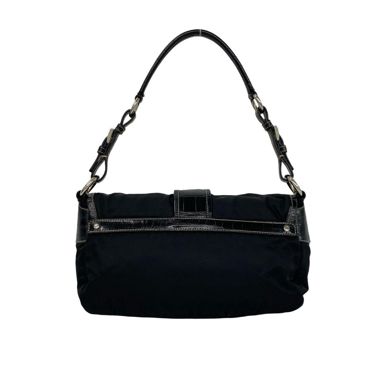 Prada Triangle Logo Embossed Leather Tessuto Nylon Shoulder Bag Black — view 3