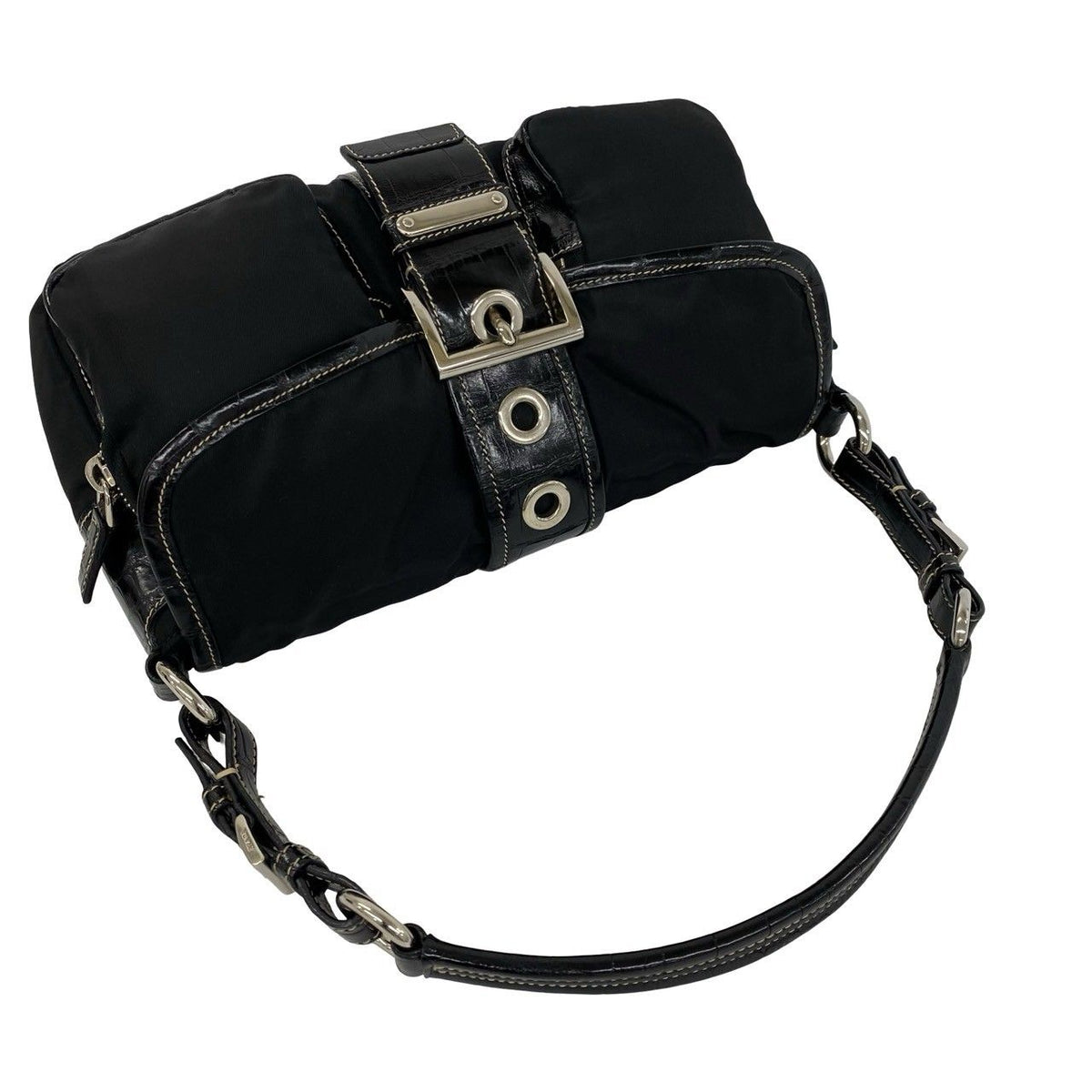 Prada Triangle Logo Embossed Leather Tessuto Nylon Shoulder Bag Black — view 4