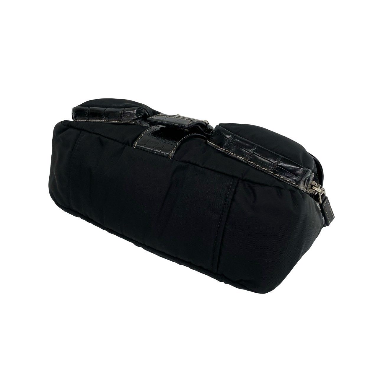 Prada Triangle Logo Embossed Leather Tessuto Nylon Shoulder Bag Black — view 8