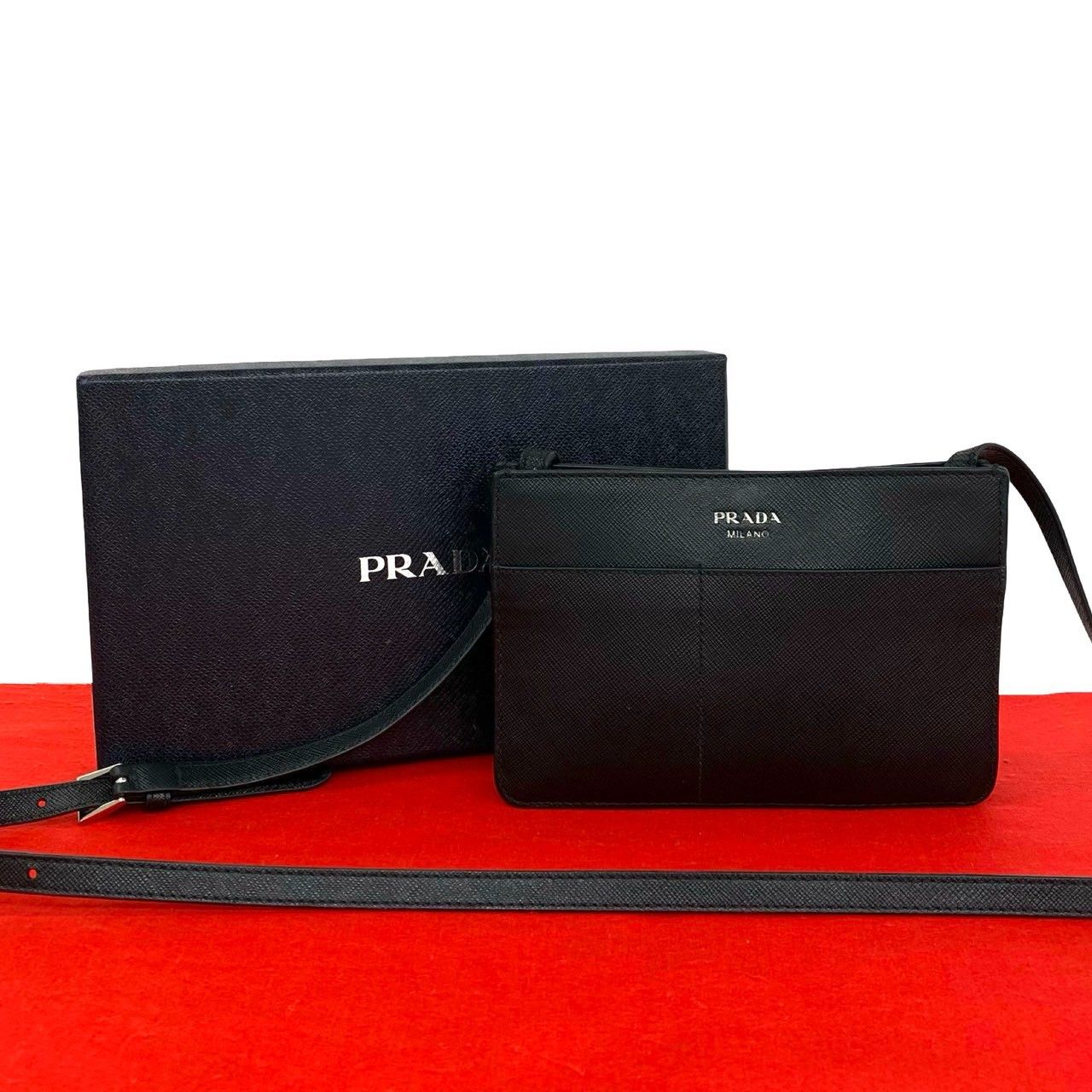 Prada Logo Saffiano Leather Mini Shoulder Bag Pochette Crossbody Black
