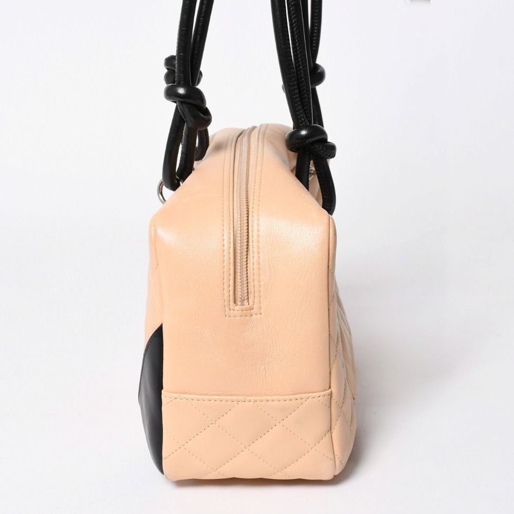 Chanel Cambon Line Bowling Bag Lambskin Beige Black CC Logo Silver — view 4