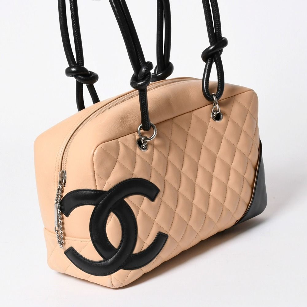 Chanel Cambon Line Bowling Bag Lambskin Beige Black CC Logo Silver — view 3