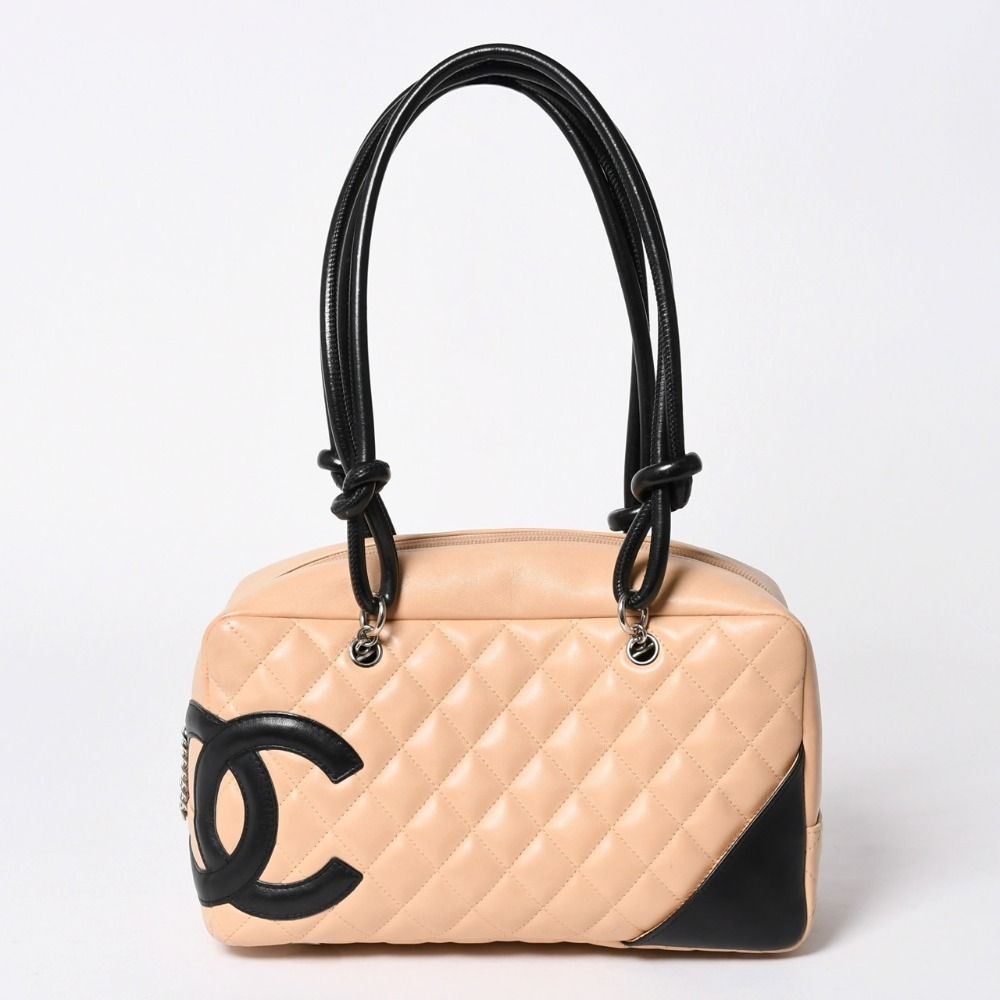 Chanel Cambon Line Bowling Bag Lambskin Beige Black CC Logo Silver