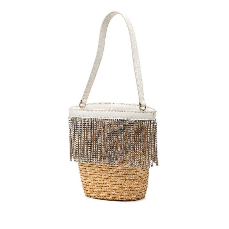 Miu Miu 2-Way Shoulder Bag Beige White Straw Rhinestone Leather — view 2