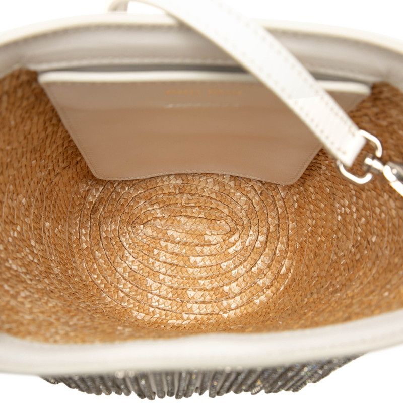Miu Miu 2-Way Shoulder Bag Beige White Straw Rhinestone Leather — view 4