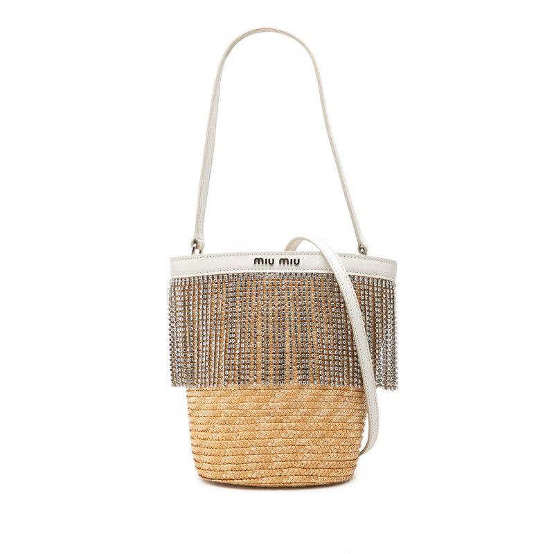 Miu Miu 2-Way Shoulder Bag Beige White Straw Rhinestone Leather