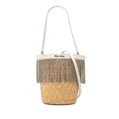 Miu Miu 2-Way Shoulder Bag Beige White Straw Rhinestone Leather