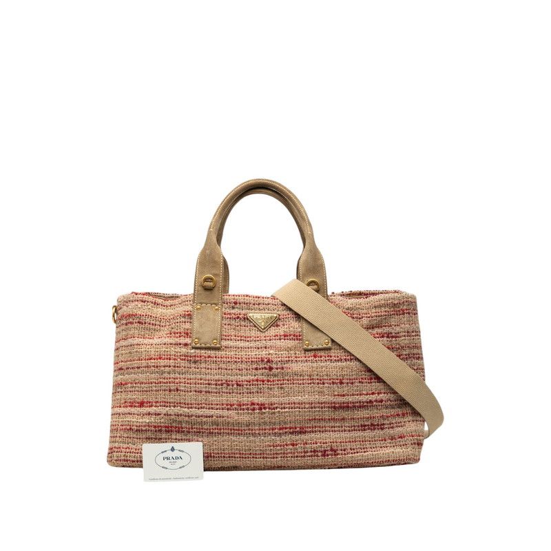 Prada Canapa Tote 2-Way Shoulder Bag Beige Red Multicolor Tweed Suede — view 6