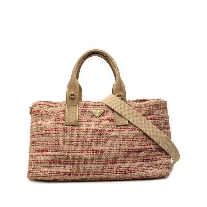 Prada Canapa Tote 2-Way Shoulder Bag Beige Red Multicolor Tweed Suede
