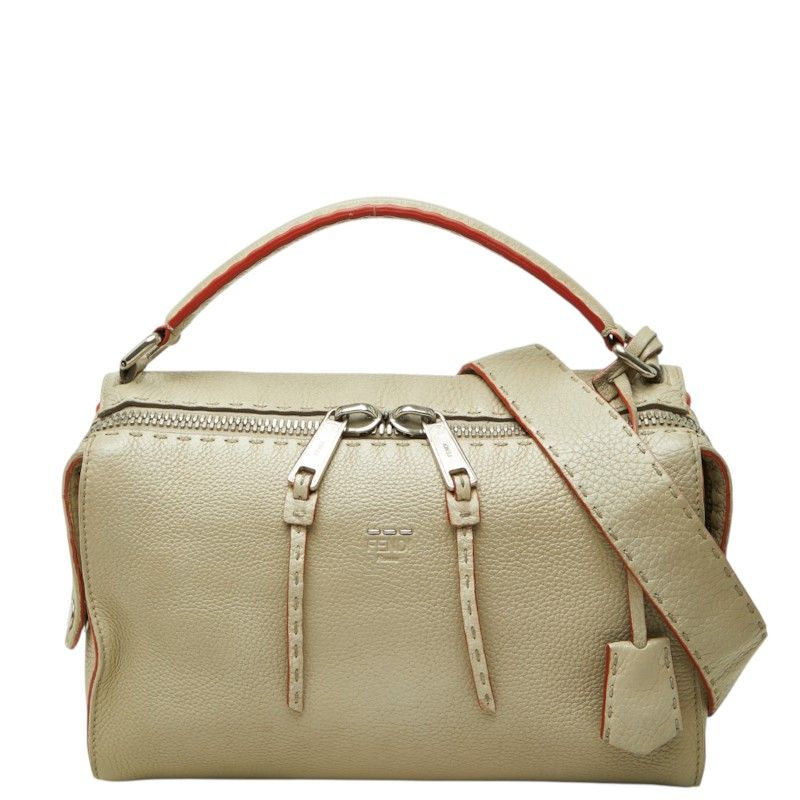 Fendi Selleria Ray Shoulder Bag Gray Beige Leather
