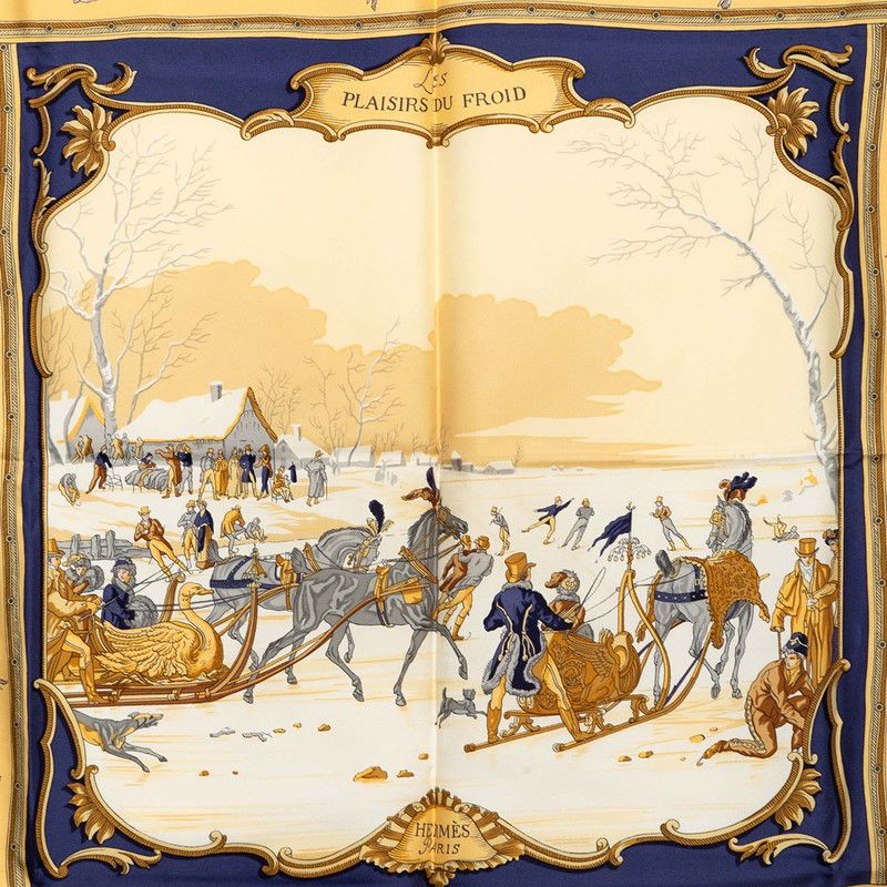 Hermes Carre 90 Plaisirs du Froid Joy on Ice Scarf Navy Beige Multicolor Silk