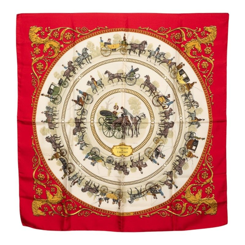 Hermes Carre 90 Walk to Longchamps la Promenade de Scarf Red Multicolor Silk