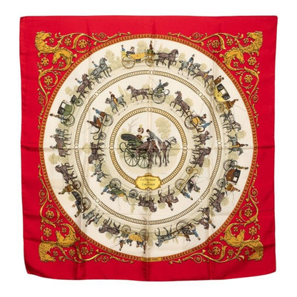 Hermes Carre 90 Walk to Longchamps la Promenade de Scarf Red Multicolor Silk