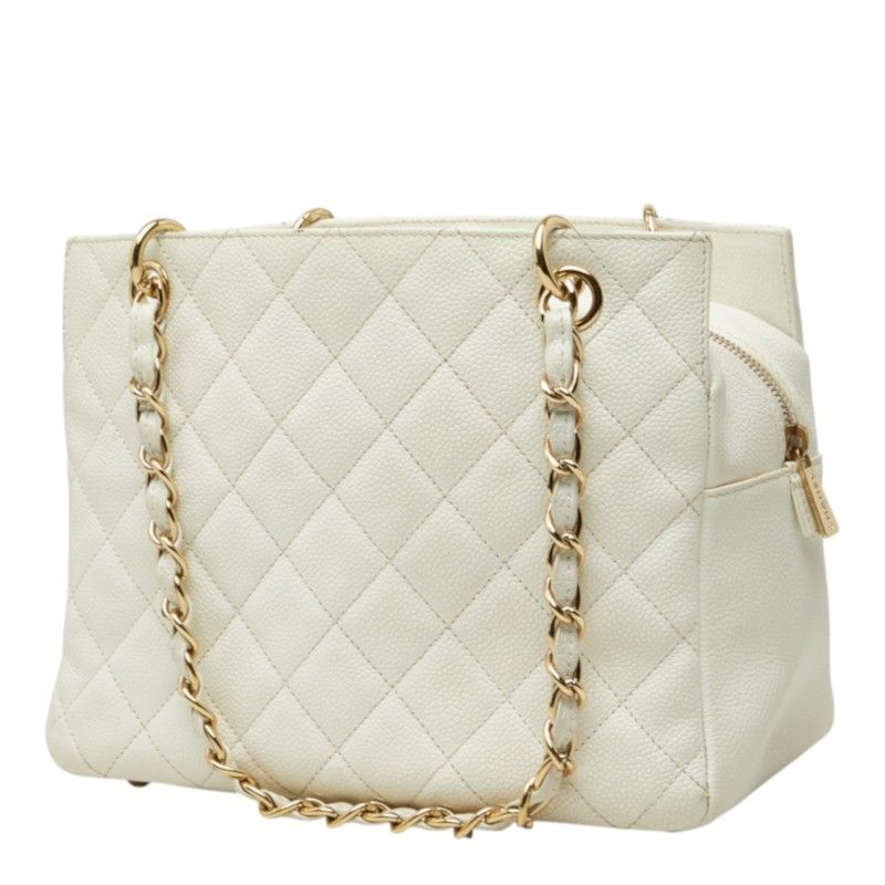Chanel CC Logo Petit Timeless Tote Chain Shoulder Bag White Gold Caviar Leather — view 2