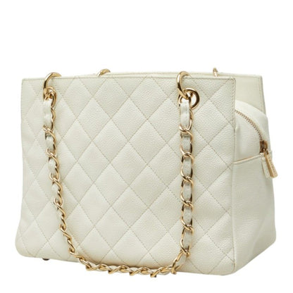 Chanel CC Logo Petit Timeless Tote Chain Shoulder Bag White Gold Caviar Leather — view 2