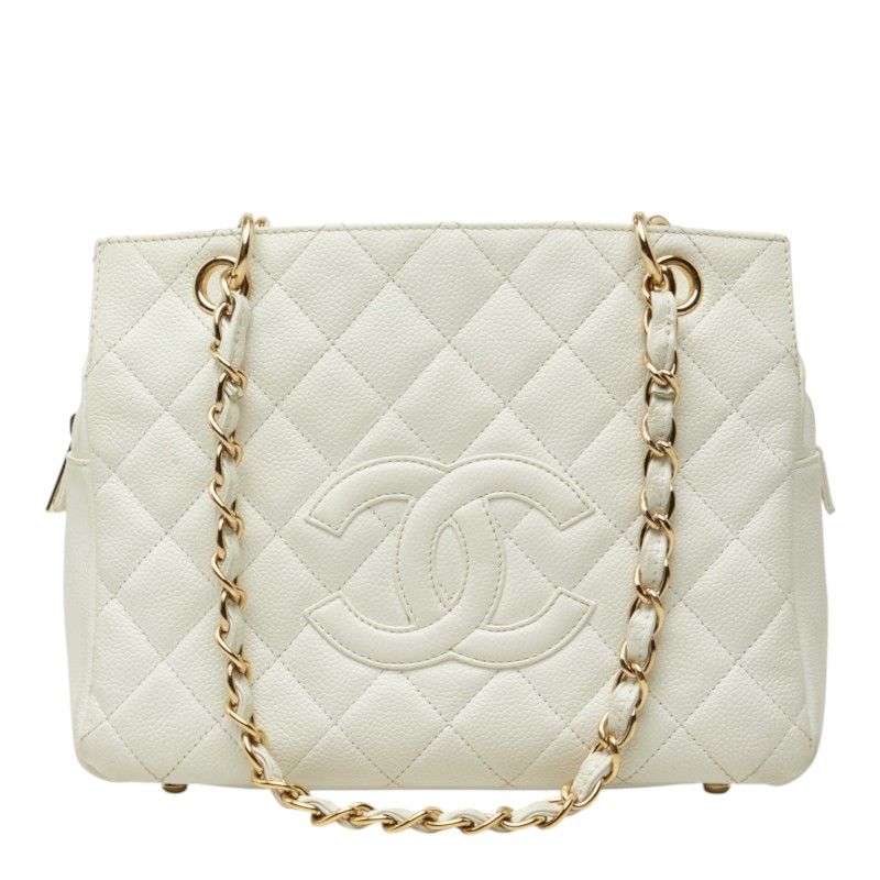 Chanel CC Logo Petit Timeless Tote Chain Shoulder Bag White Gold Caviar Leather
